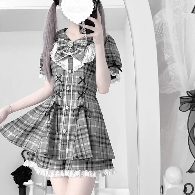 Jirai Kei Bow Dress Women Sweet Kawaii Style Black Pink Lolita Y2K Skirt Lace Short Sleeve Outfits Japanese School Girl Uniform 5 Jirai Kei Bow Dress Women Sweet Kawaii Style Black Pink Lolita Y2K Skirt Lace Short – view 5