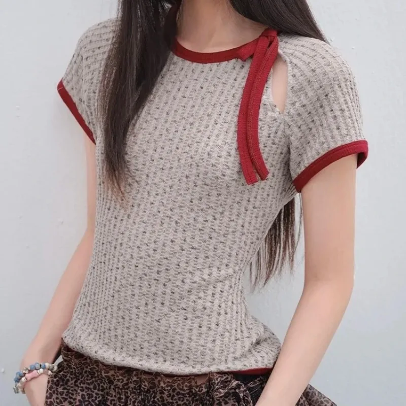 Vintage Contrast Trim Textured Knit T-shirt Women Cutout Tie Detail Slim Short Sleeve Summer Top