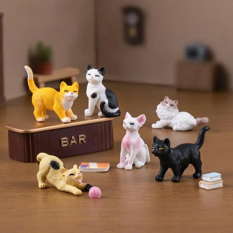 6Pcs/Set Cute Cat Figures Animal Model Simulated Kitten Ornament Mini Cat Ornament Miniature Fairy Garden Decor Accessories