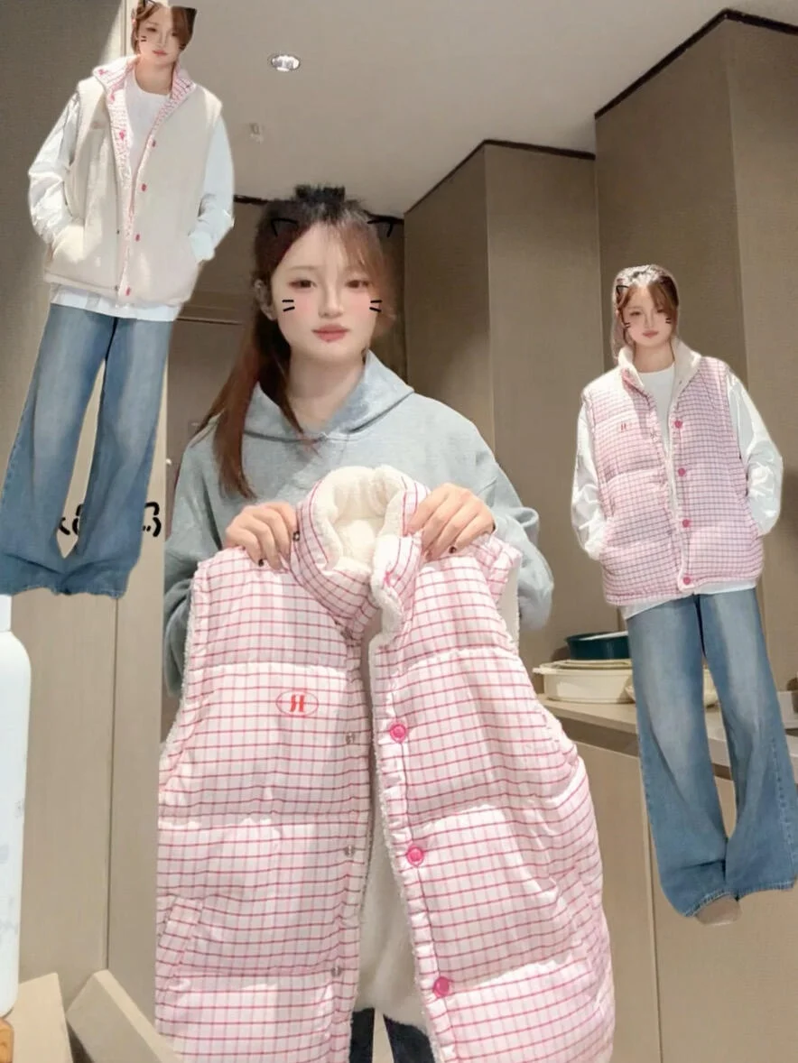 

Корейский молодежный утепленный жилет в клетку из хлопка с пэчворком, женский зимний свободный двусторонний пуховик-куртка