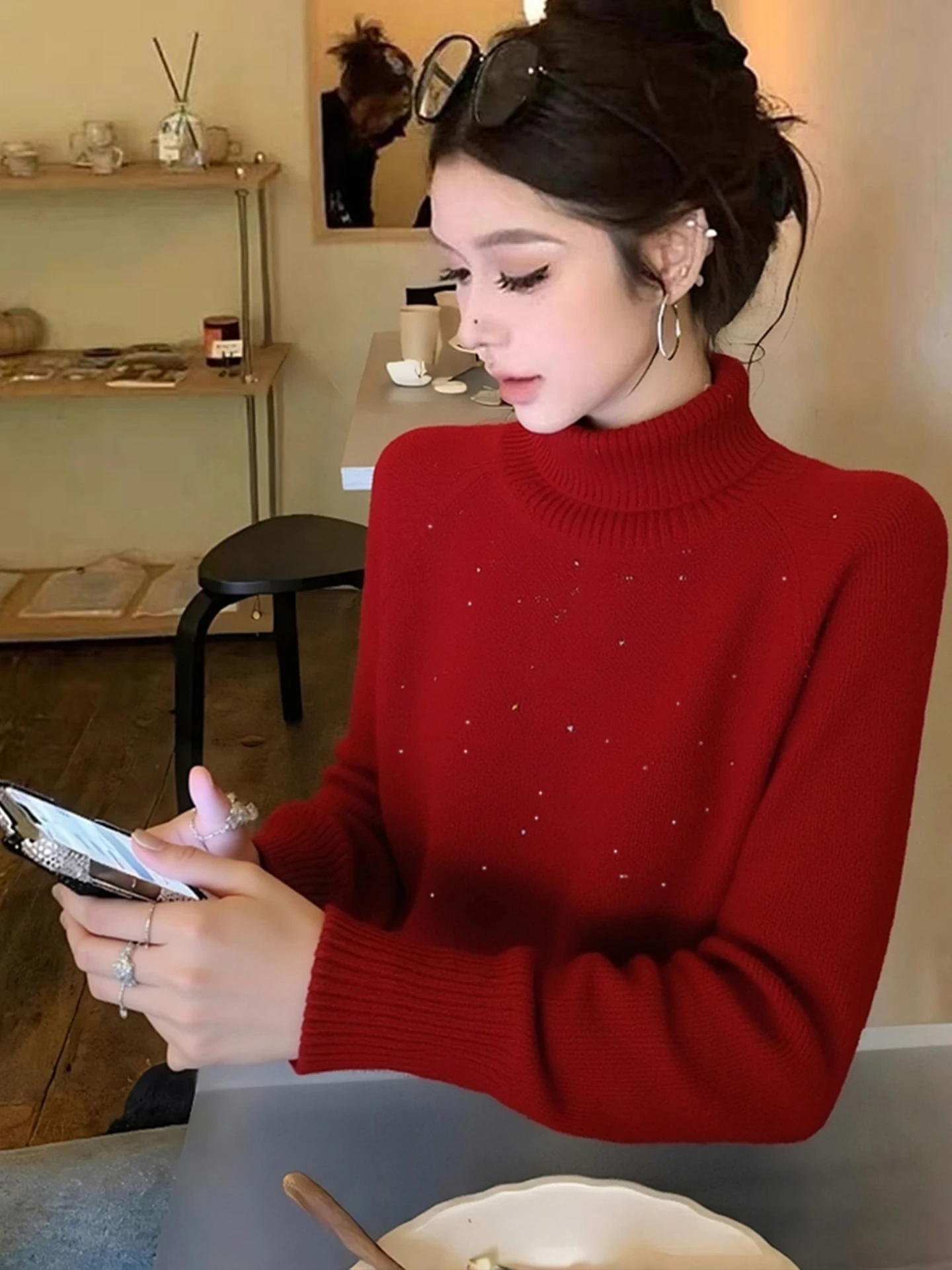 Cherry Red Camere Knitwear High Collar Long Sve Faionable Versatile Winter 2025 Inner Wear Korean Sle Loose Fit