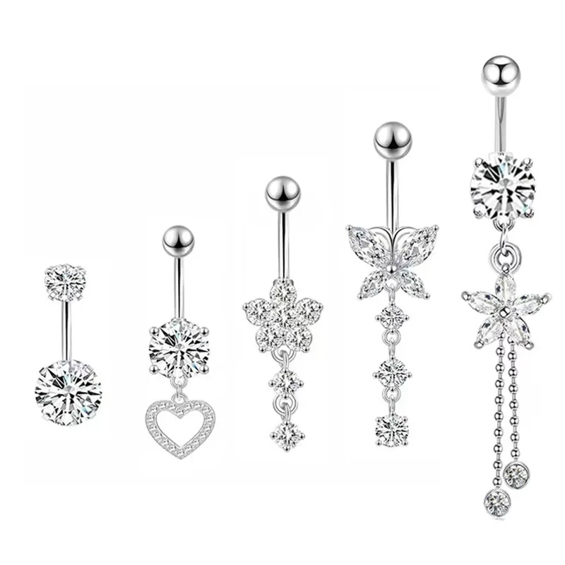 5pcs Belly Button Piercing Rings for Women Surgical Stainless Steel with Cute CZ Flower Dangle Navel Piercing Jewelry