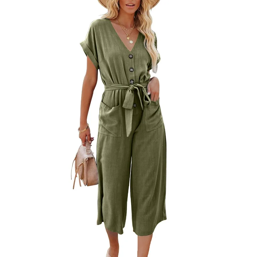 New 2024 Women's Summer Casual Jumpsuit Solid Wide Legs Bodycon Jumpsuit Simple Romper Trousers Club Wear V-neck Summer Playsuit