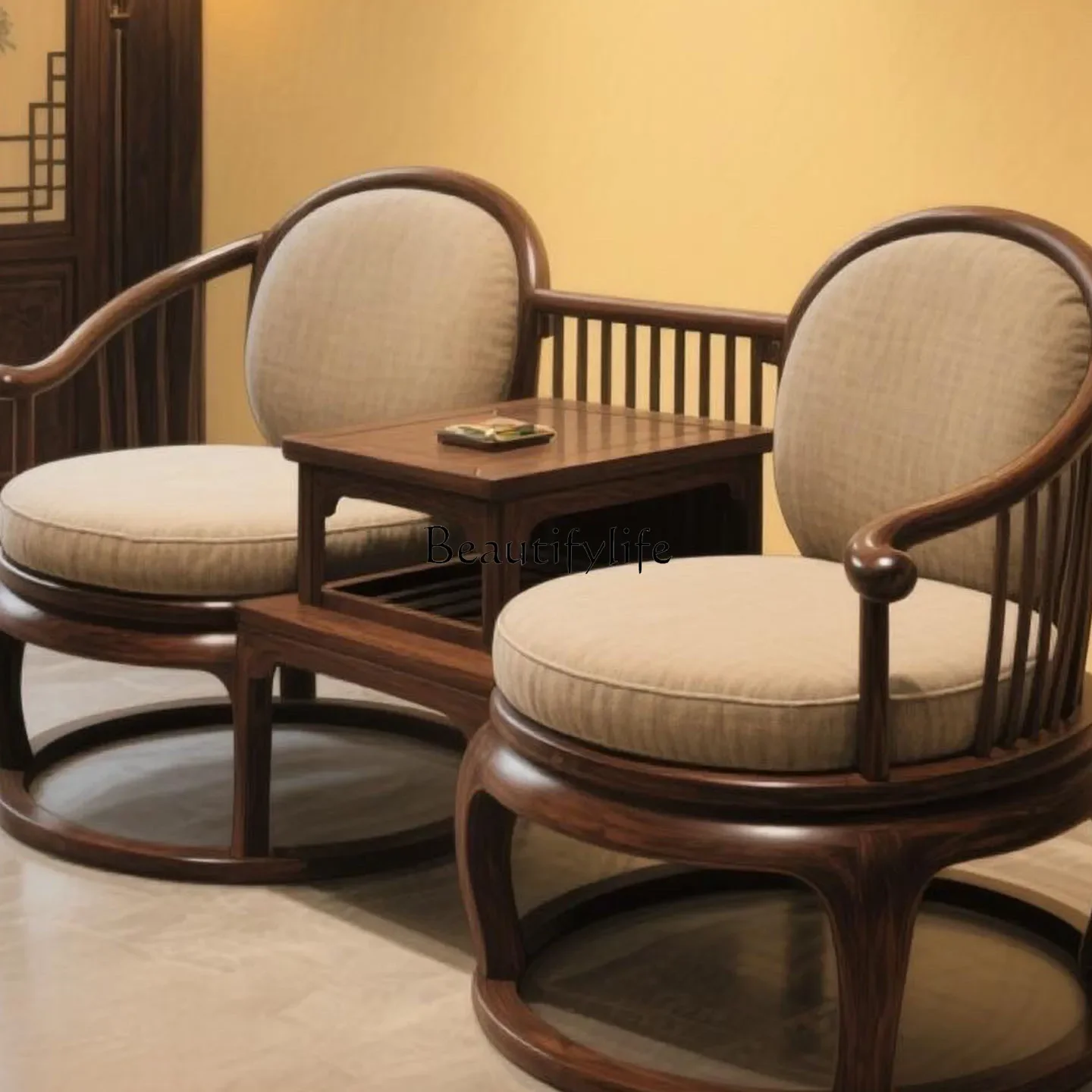 

yj5 New Chinese-style North American black walnut Arhat bed solid wood double one-piece chair