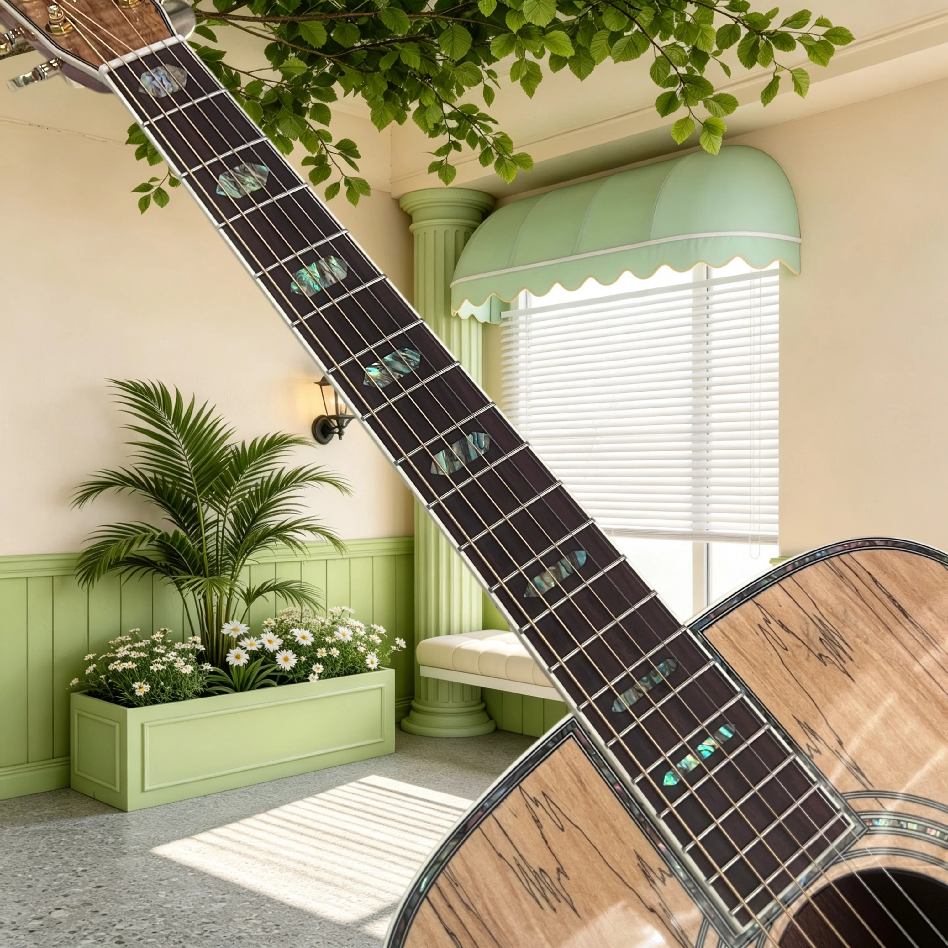 D All Solid Acoustic Guitar Spalted Decadent Wood Body Ebony Fretboard Floral Abalone Inlay Natural Gloss Fingerstyle Strumming