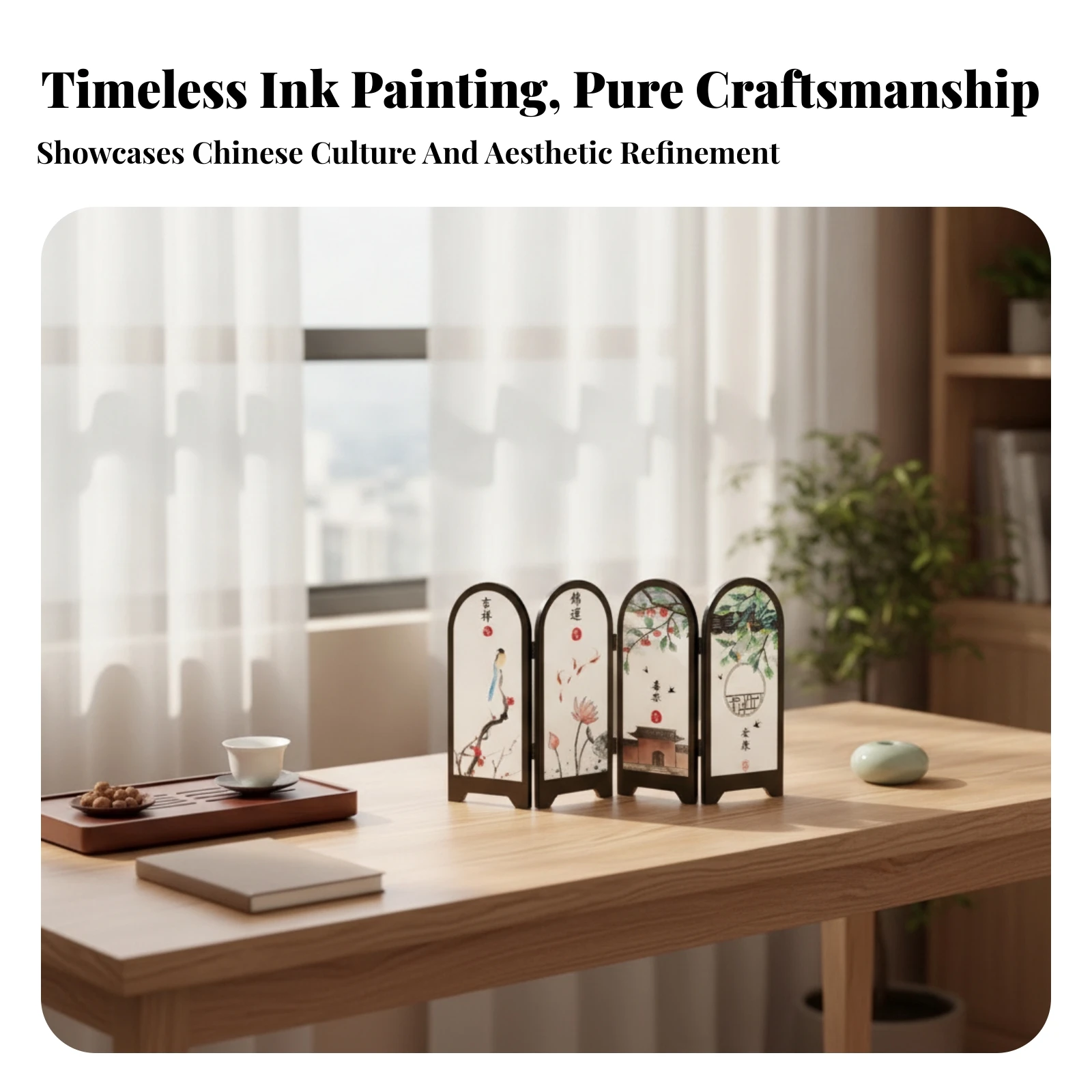 Compact Size Tabletop Folding Screen Arched Top Small Decorative Panel Four-Panel Screen House Decoration Foldable