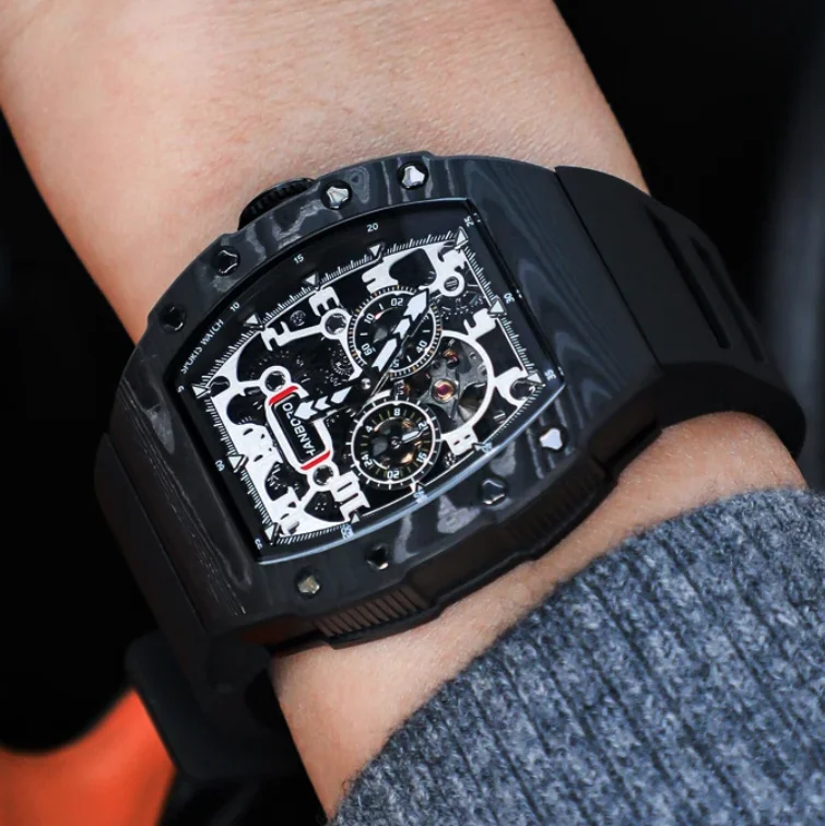 

HANBORO Men Automatic Watch 50mm Mechanical Wristwatch Luminous Tonneau Case Waterproof Rubber Strap Carbon Fiber Miyota 82S7