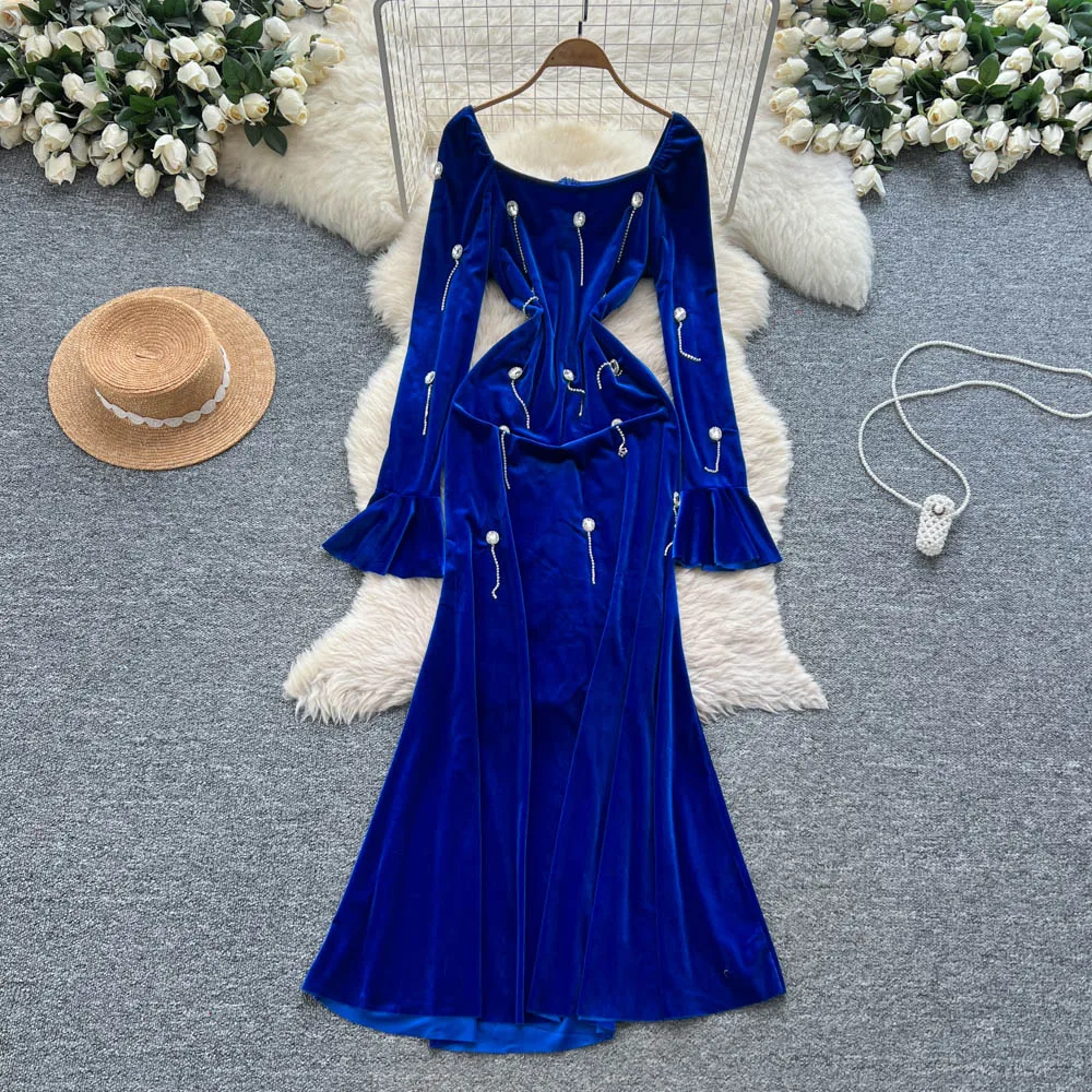 vintage elegante vierkante hals flare mouw velours jurk vestidos damesmode retro feestceremonie jurken