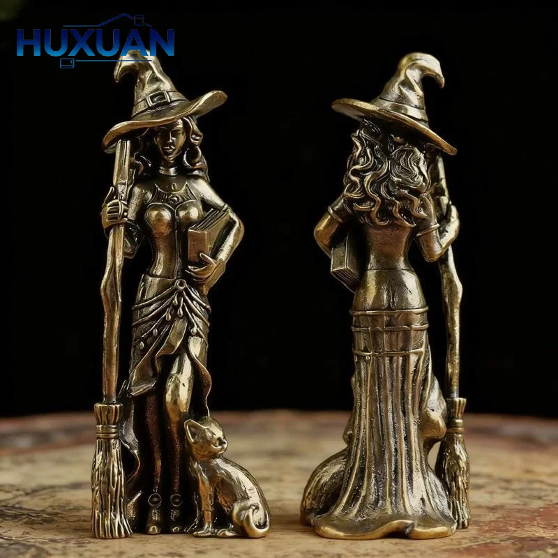 Vintage Brass Witch Statue Figurines Decor Crafts Ancient Witch Woman Sculpture Home Office Desktop Decor Accessories