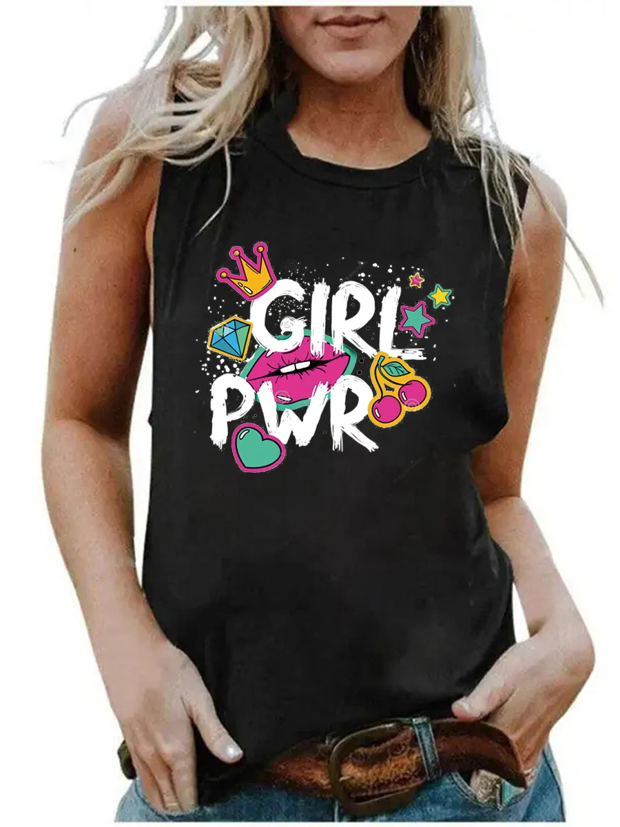 Women's Summer GIRL PWR Print Large Casual Round Neck Sleeveless Loose Tank Top T-shirt Streetwear Oversized O-Neck Vest Off Sho