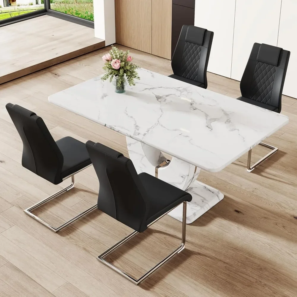 Modern Dining Table Set for 4,Rectangula Kitchen Table Set with Faux Marble Tabletop＆4 Pu Leather Upholstered Chairs Ideal