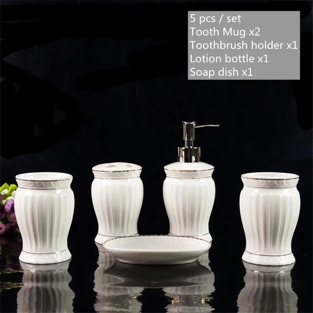 Fashion white ceramic bathroom accessories 5 pcs / set hotel Household soap dispenser Toothbrush holder Washing