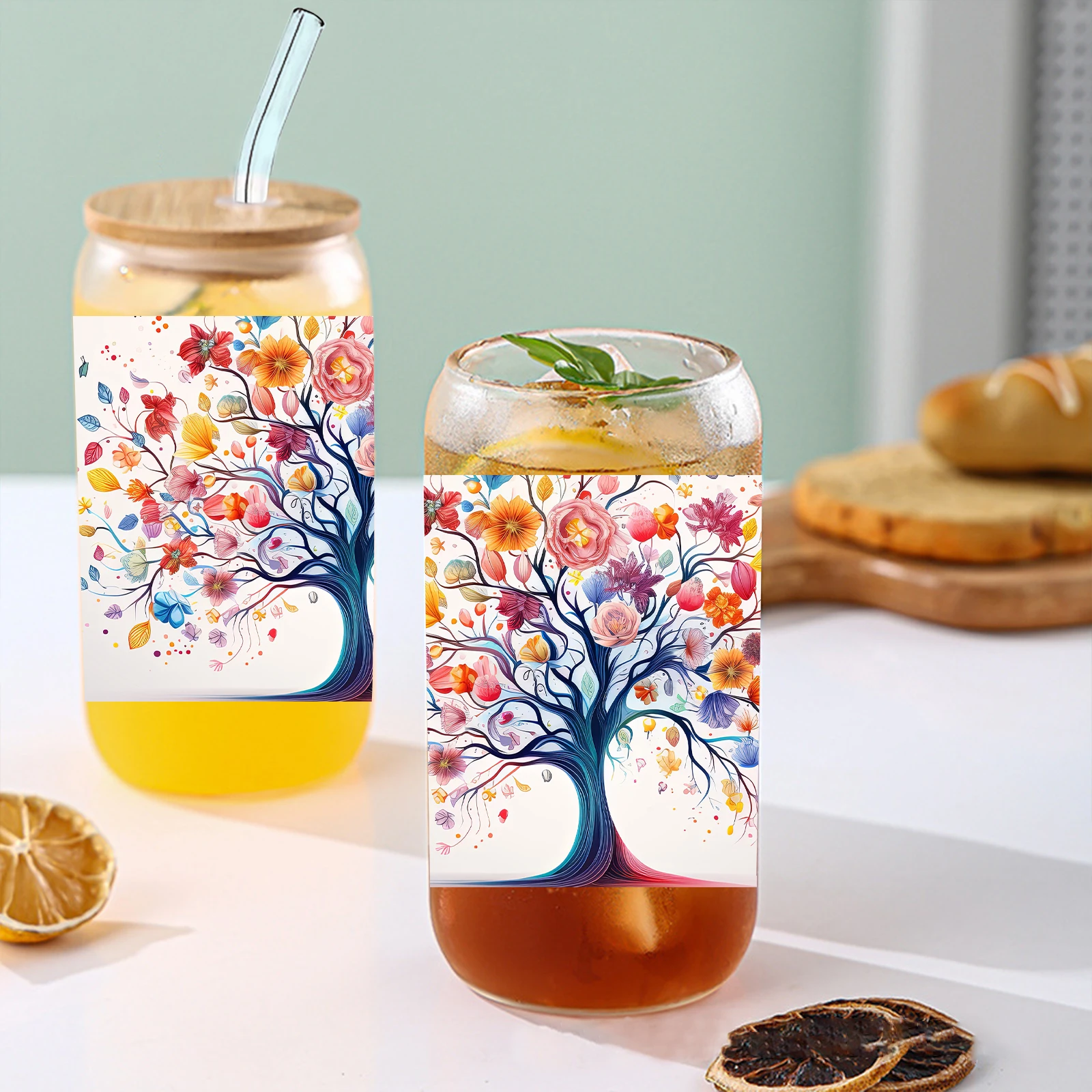 

1pc Colorful Tree Pattern 3d Printed Libbey 16oz Glass Can Soda Cup With Lid&Straw Iced Coffee Gift Libbey Cup Gifts For Friends