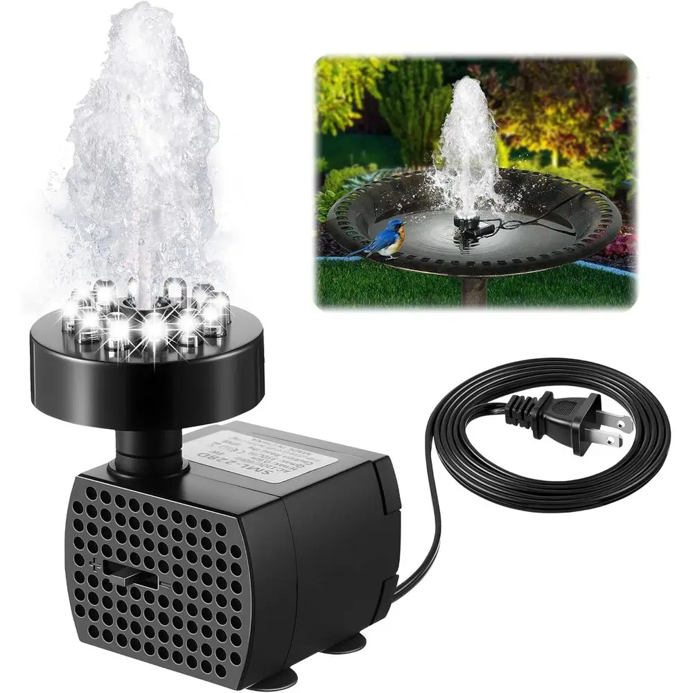 12 LED Lighted Bird Bath Fountain, 24-Hour Submersible Pump for Outdoor Water Gardens and Ponds (Cool White)