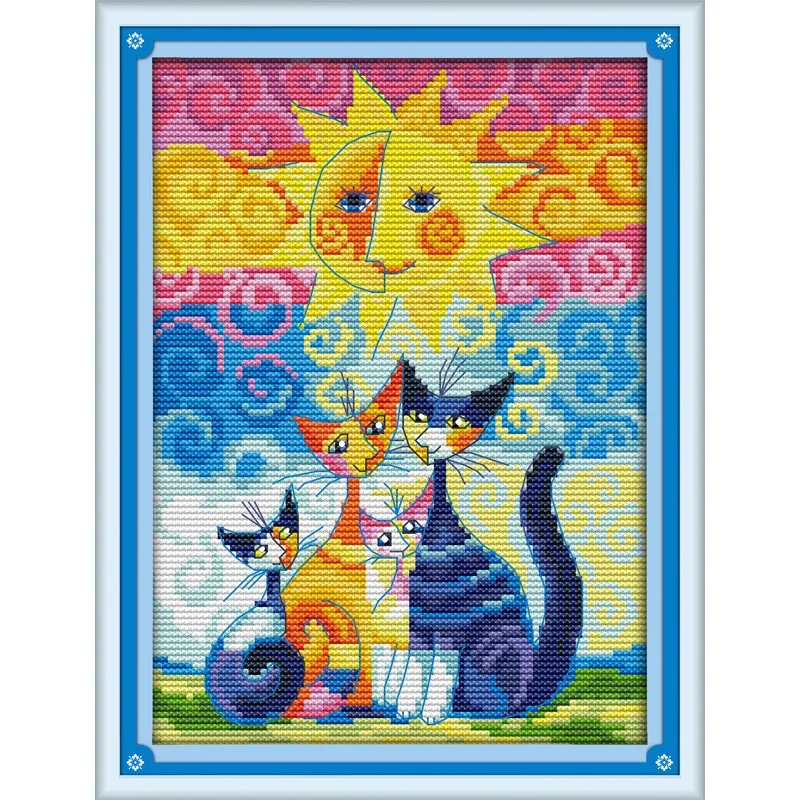 

Joy Sunday Pre-printed Cross Stitch Kit DIY Easy Pattern Aida 14/11CT Stamped Fabric Embroidery Set-Cats Under The Sun (2)