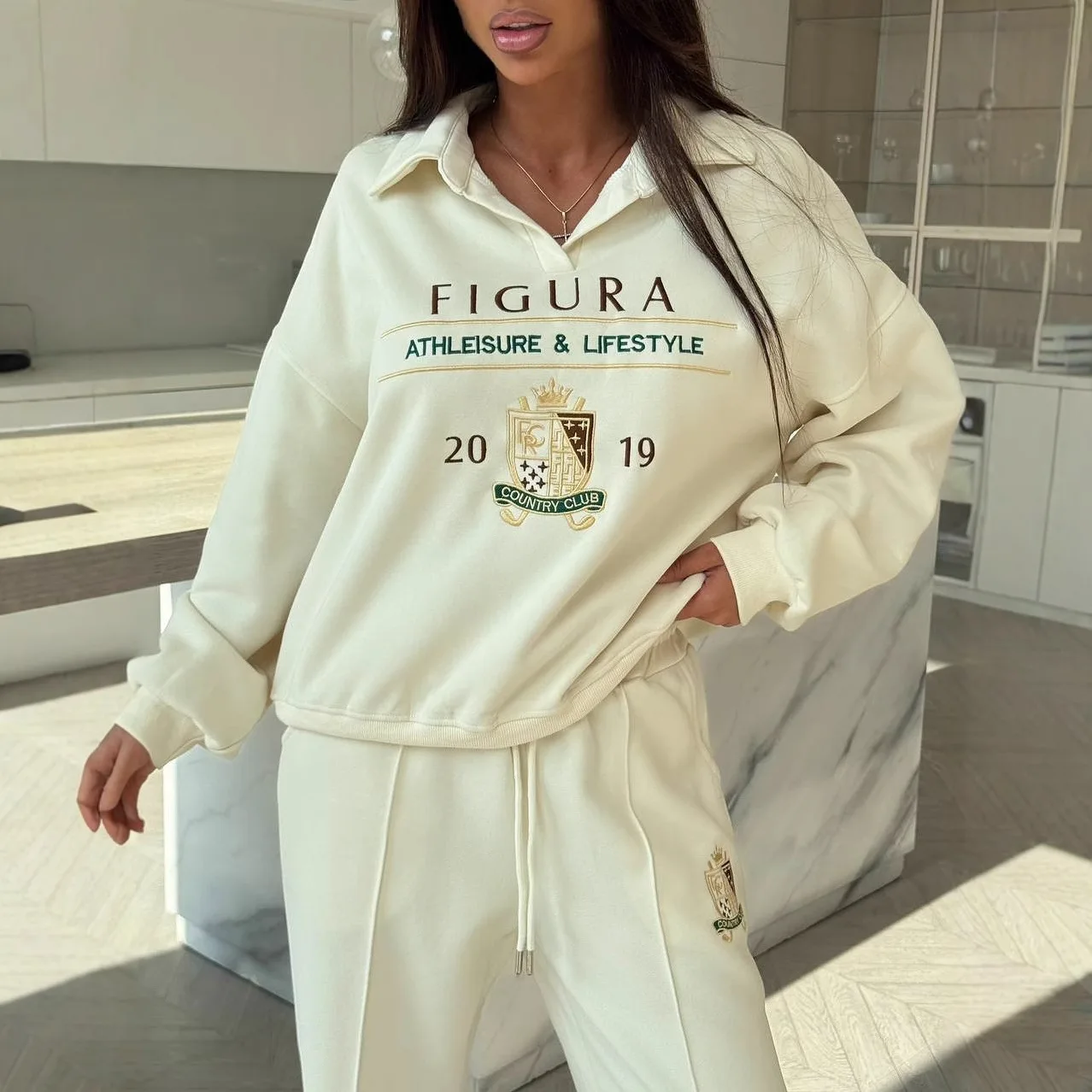 European Trendy Loose White Blouse Cute Club Badge Printed Unique Sweatshirts Zipper Turn-down Collar Autumn Tops Classic Women