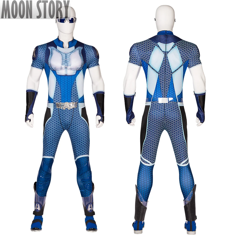 Costume de cosplay de carnaval d'Halloween pour garçons, combinaison A-Train pour hommes adultes, costume de batterie bleu Zentai, tenue avec chaussures et lunettes, ensemble complet