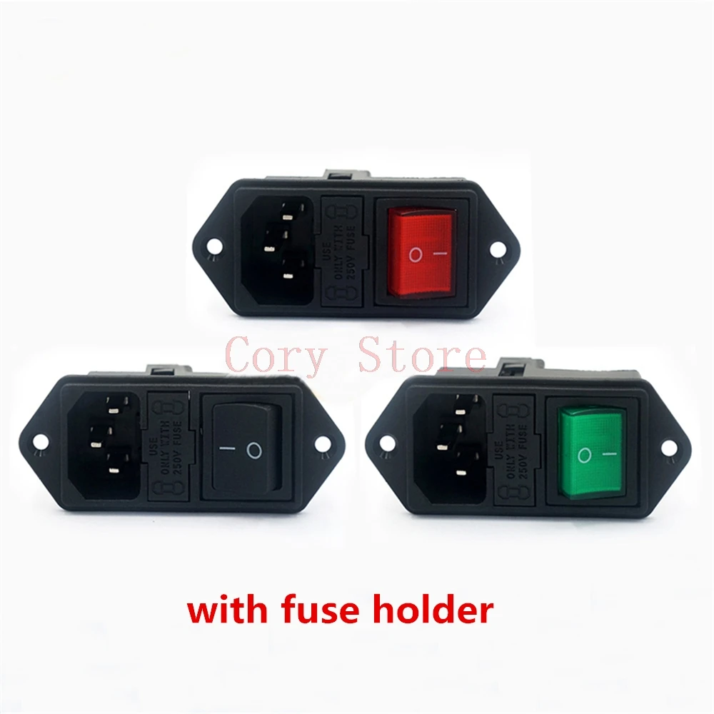 1Pc AC Power Socket Double Insurance Fuse Card Type Plug Socket w Boat Rocker 4Pin Red Green Light Switch Black (NO Light)