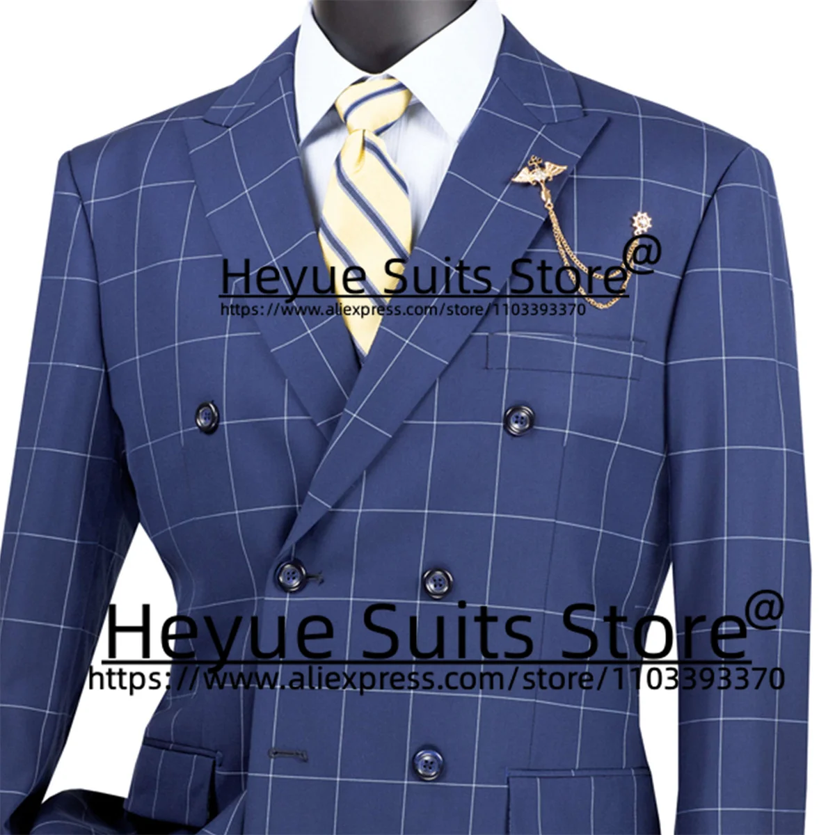 Business Blue Plaid Double-breasted Men Suits Slim Fit Notched Lapel Groom Formal Tuxedos 2 Pieces Sets High Qublity Male Blazer