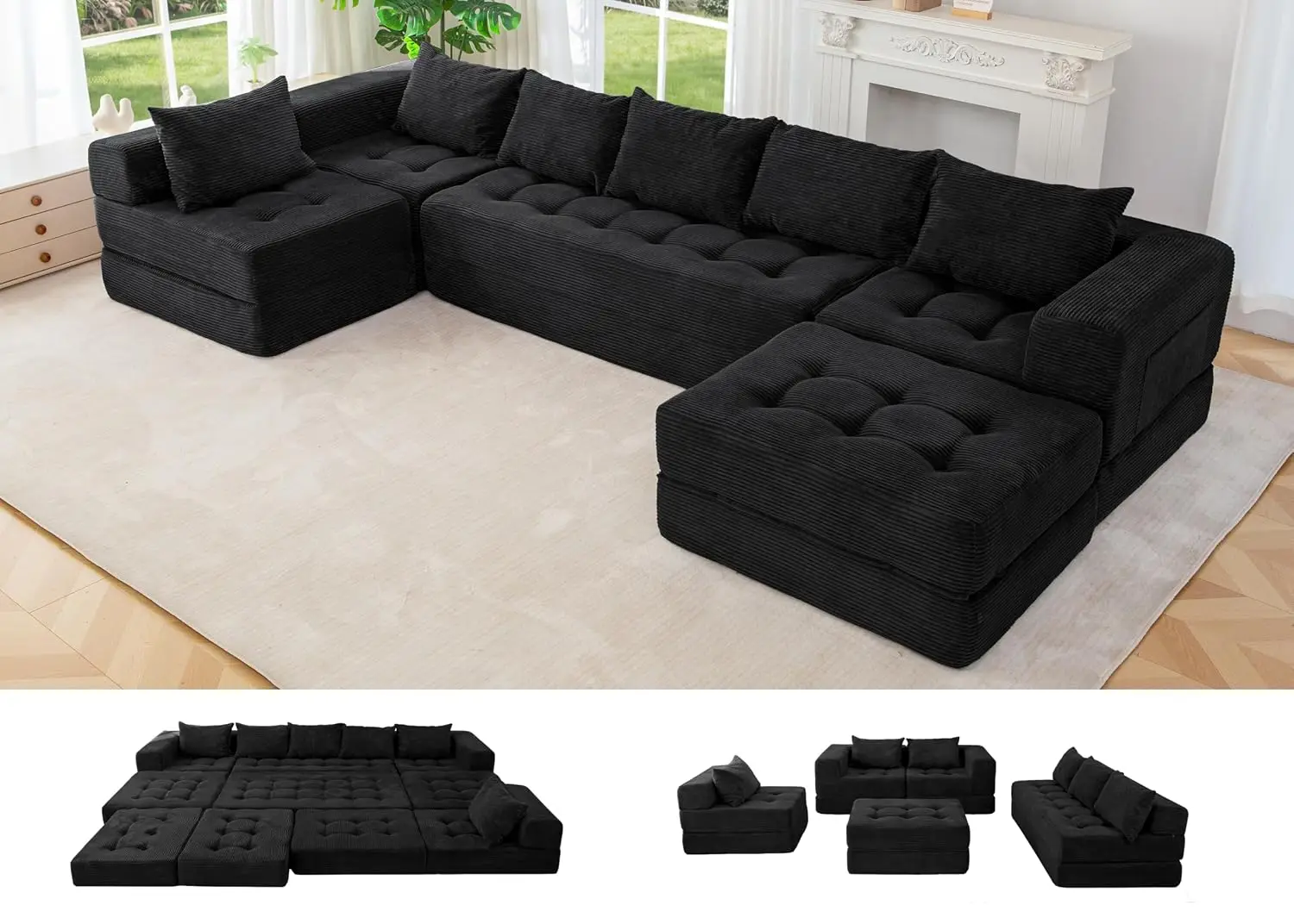 7-Seater U-Shaped Modular Sectional Sofa with Ottoman, Customized