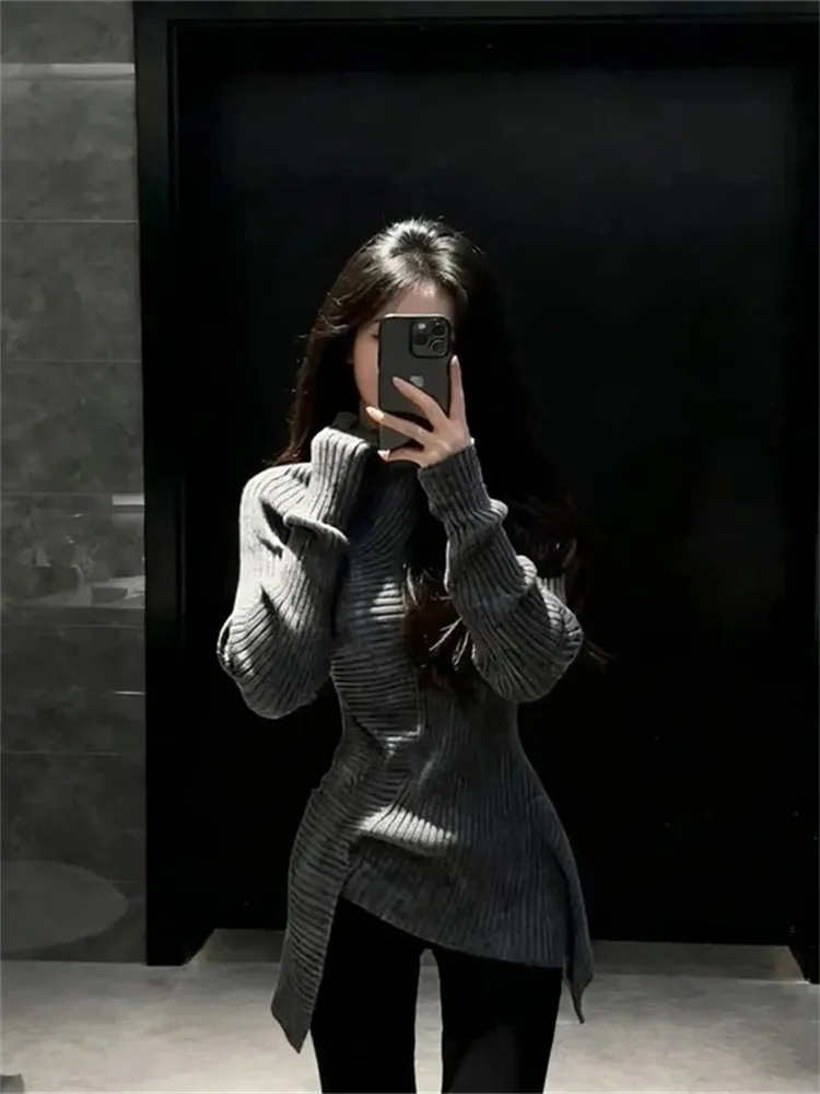 

Asymmetric Korean Design Knitwear Women's Commuter Sle Long Sve Mid-Thi Regular Fit Pure Color High Collar Top