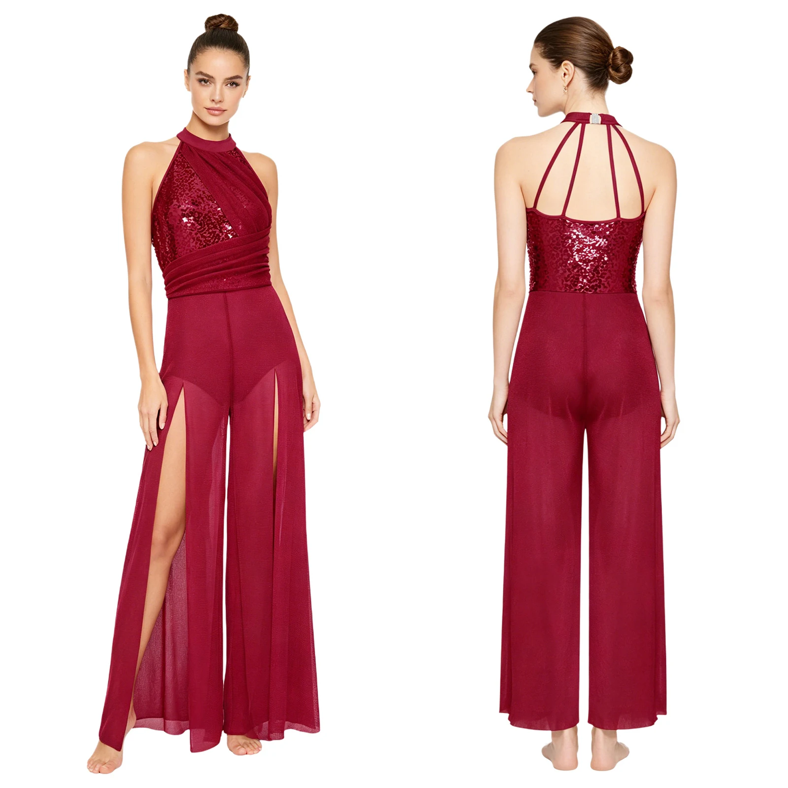 

Womens Lyrical Modern Dance Jumpsuit Halter Mock Neck Sleeveless Sequin Top Bodice Strappy Back Mesh Split Wide-leg Bodysuit