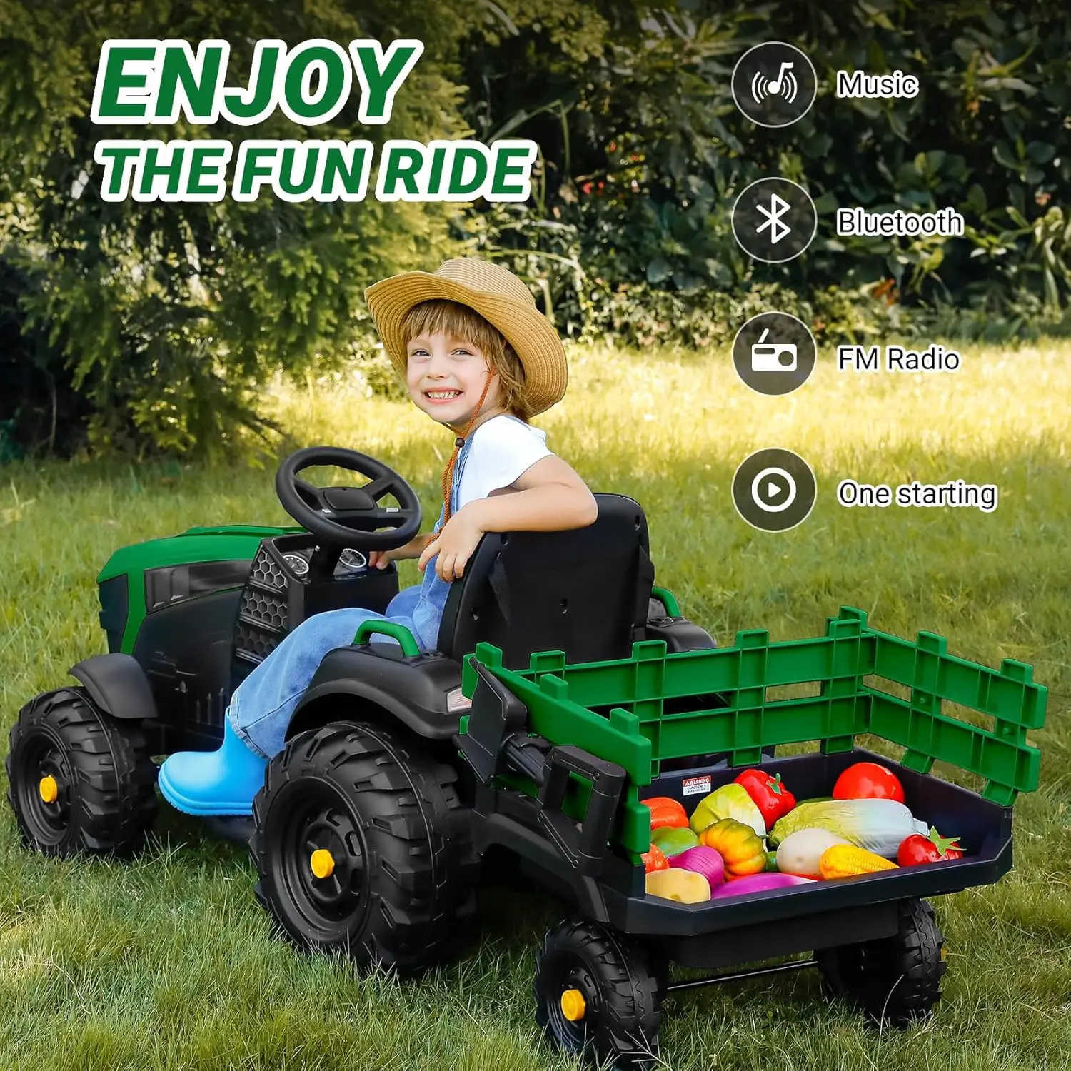 Tractor de paseo de 24V y 9AH con remolque fácil desmontable, juguete de Tractor eléctrico de motores de 400W para niños grandes, capacidad todo terreno, Saf