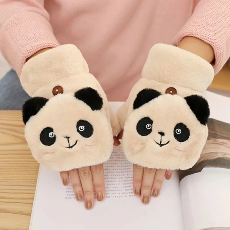 Girls Lovely Panda Plush Gloves Winter Thicken Flip-up Fingerless Mittens for Women Warm Soft Christmas Halloween Gloves