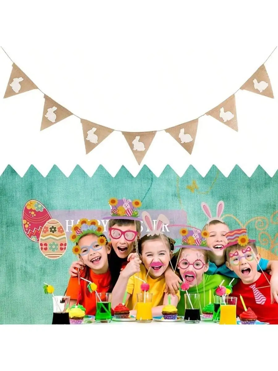 1 Set/2 Sets Linen Easter Rabbit Banner With 7 Pcs Rabbit Tags | Party Decor Supplies