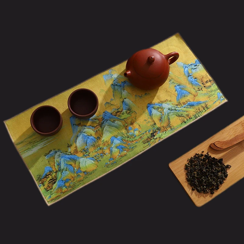 Toalla de té gruesa pintada china, accesorios de juego de té de alta gama súper absorbentes, tapetes de mesa profesionales para el hogar, servilleta