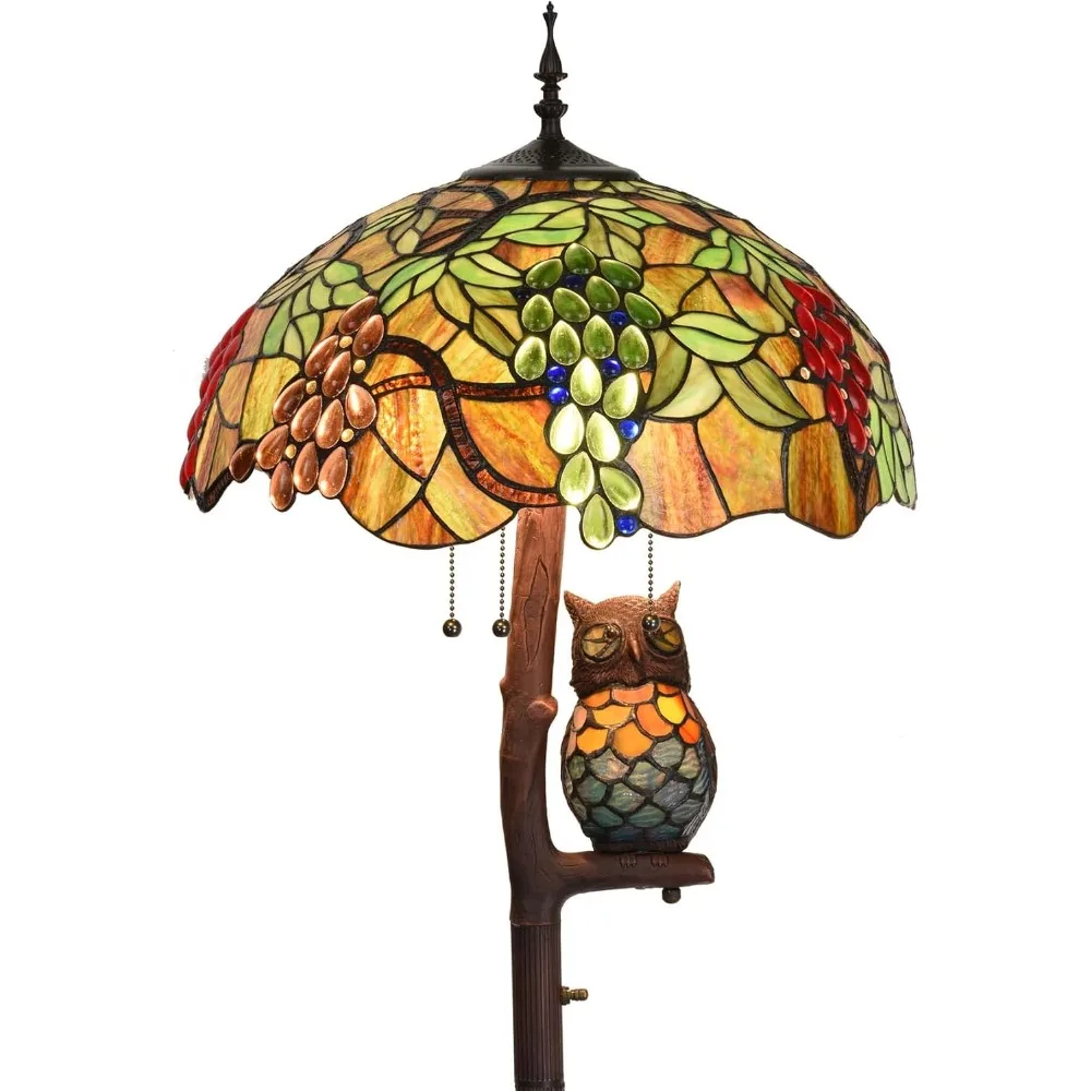 Grapes Style Stained Glass Double-Lit Floor Lamp with Owl Night Light, 18