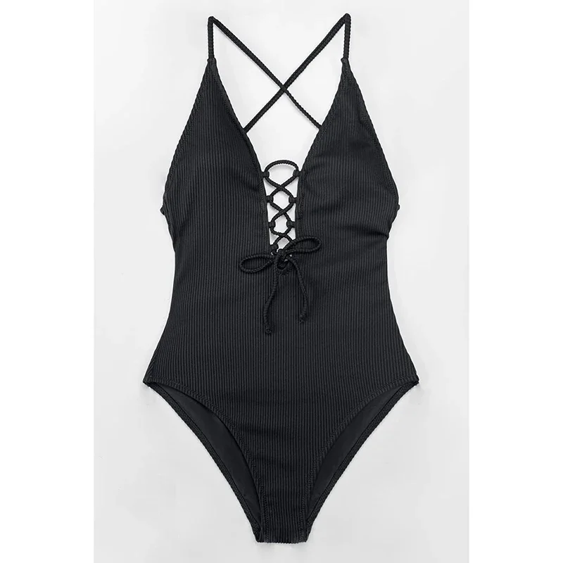 

Fashion Solid One Piece Swimsuit Women Sexy Deep V Neck Lace Up Backless Bathing Suit Summer 2025 New Bodysuits Bikini Beachwear