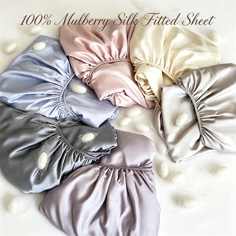 Natural Mulberry Silk Bed Fitted Sheet with Elastic Bands 100% Real Silk Mattress Cover Customized Size High End Bedding Sheets