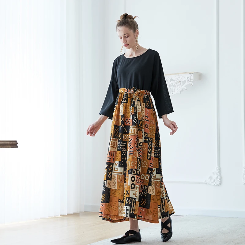 Afslankende losse lange zomer Dr C8 Zen artistieke vintage Sle bedrukte jurk met Sa A-lijn rok Acht-Sleeve Maxi Dr