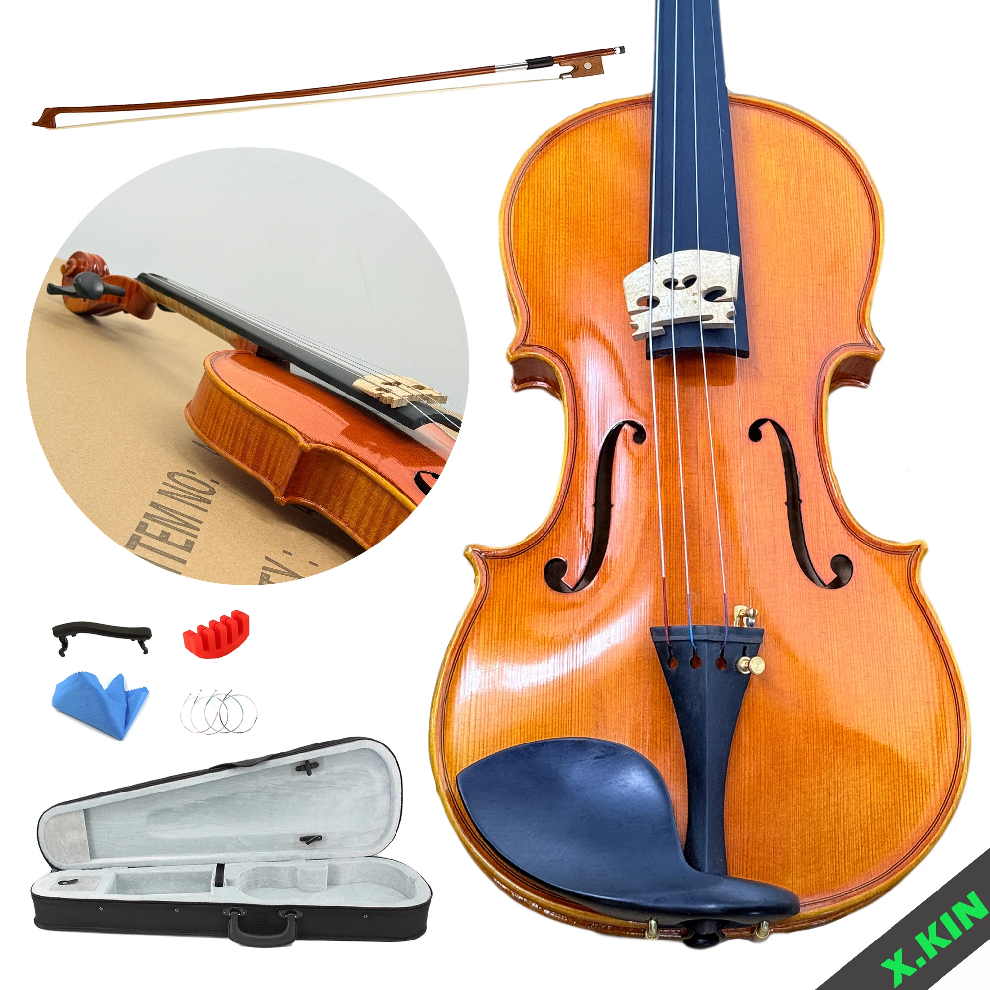 

Professional Handmade 4/4 Violin with Copal Varnish, Amber Finish Concert Level Violin, Solid Wood Full Size with Case, Bow