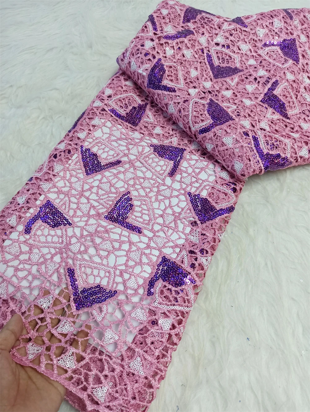 

2025 Latest High Quality African Nigerian With Tulle Sewing Guipure Lace Fabric Embroidery Dresses Sequins 5Yards JH0084