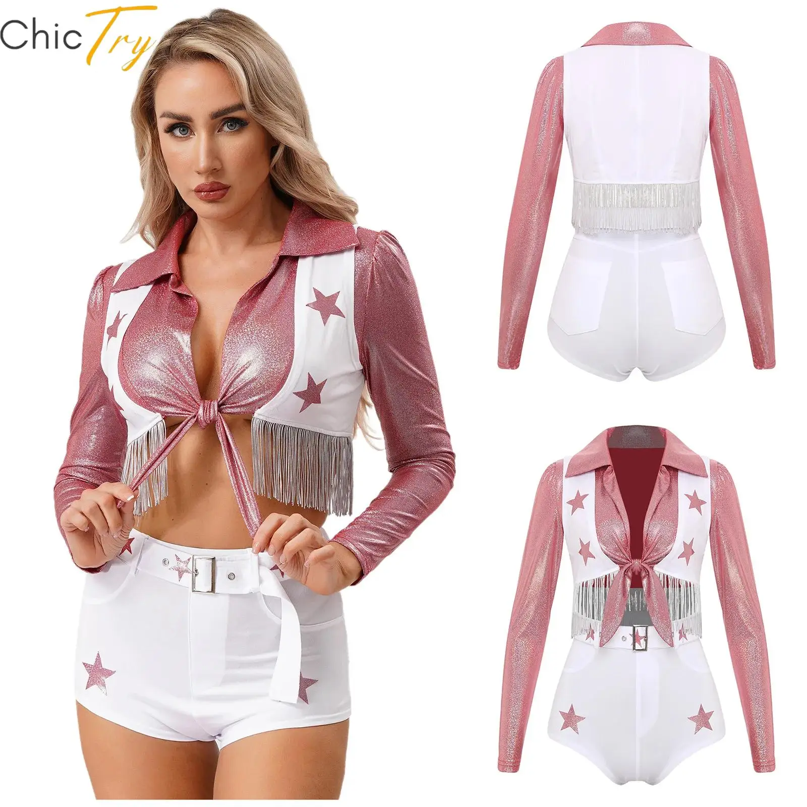 Womens Cheerleading Costume Dance Uniform Star Printed Cheer Up Dance Sets Complete Outfit with Crop Top and Waistbelt Shorts