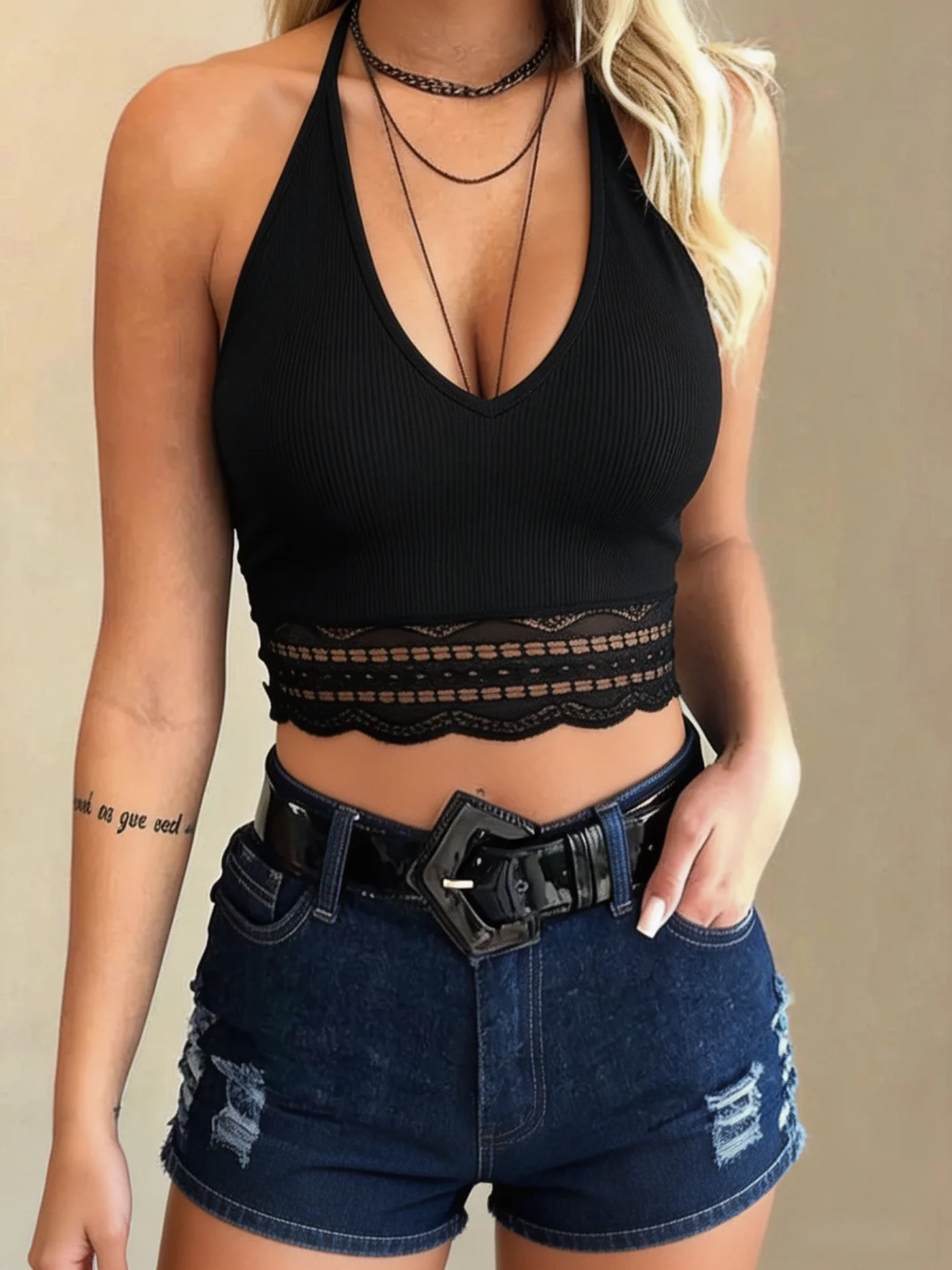 Sexy Black Halter V Neck Ribbed Crop Top Lace Trim Sleeveless Slim Fit Tank Blouse For Nightclub Party Date Street Summer Outfit