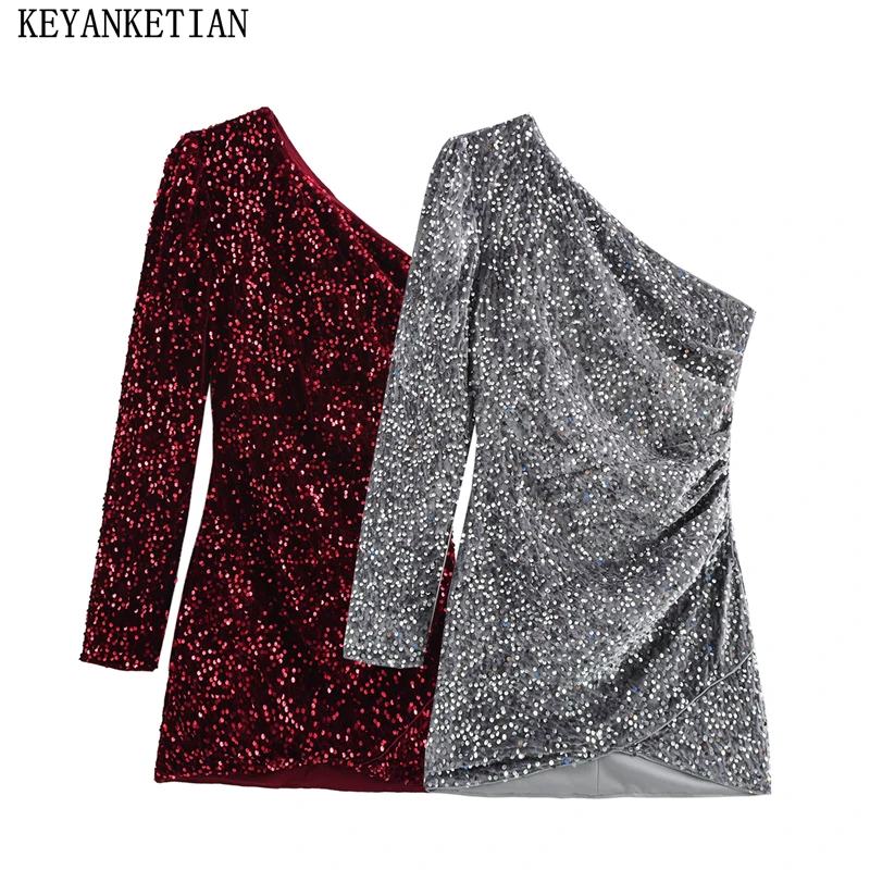 

KEYANKETIAN 2025 Spring New Women's Sequined Single Shoulder Mini Dress Fashion Sexy Asymmetrical Slim Velvet Hip wrap Dress