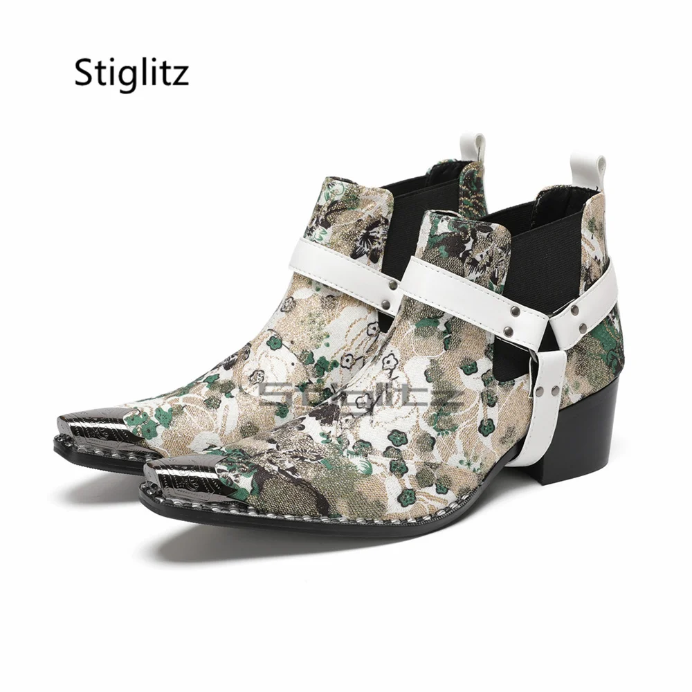 Prints High Heels Chelsea Boots for Men Metal Buckle Pointed Toe Ankle Boots Punk Genuine Leather Stretch Business Runway Shoes