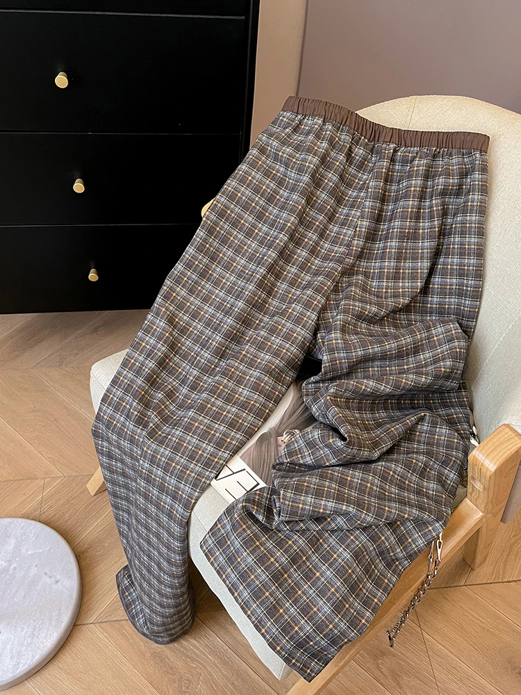 캐주얼 와이드 레그 팬츠 여성 빈티지 체크 루즈 레이지 윈드 스포츠 스트레이트 트라우저 하이웨이스트 레트로 봄 여름 레이스업 팬츠