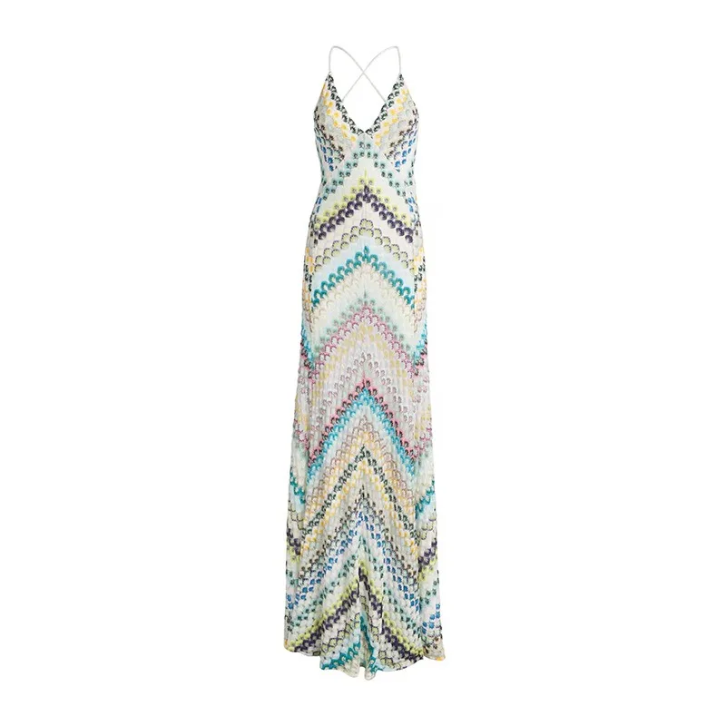 Bohemian Multicolor Chevron Halter Maxi Dress Retro Deep V Neck Criss Cross Backless Sleeveless Pleated Draped Dresses Holiday