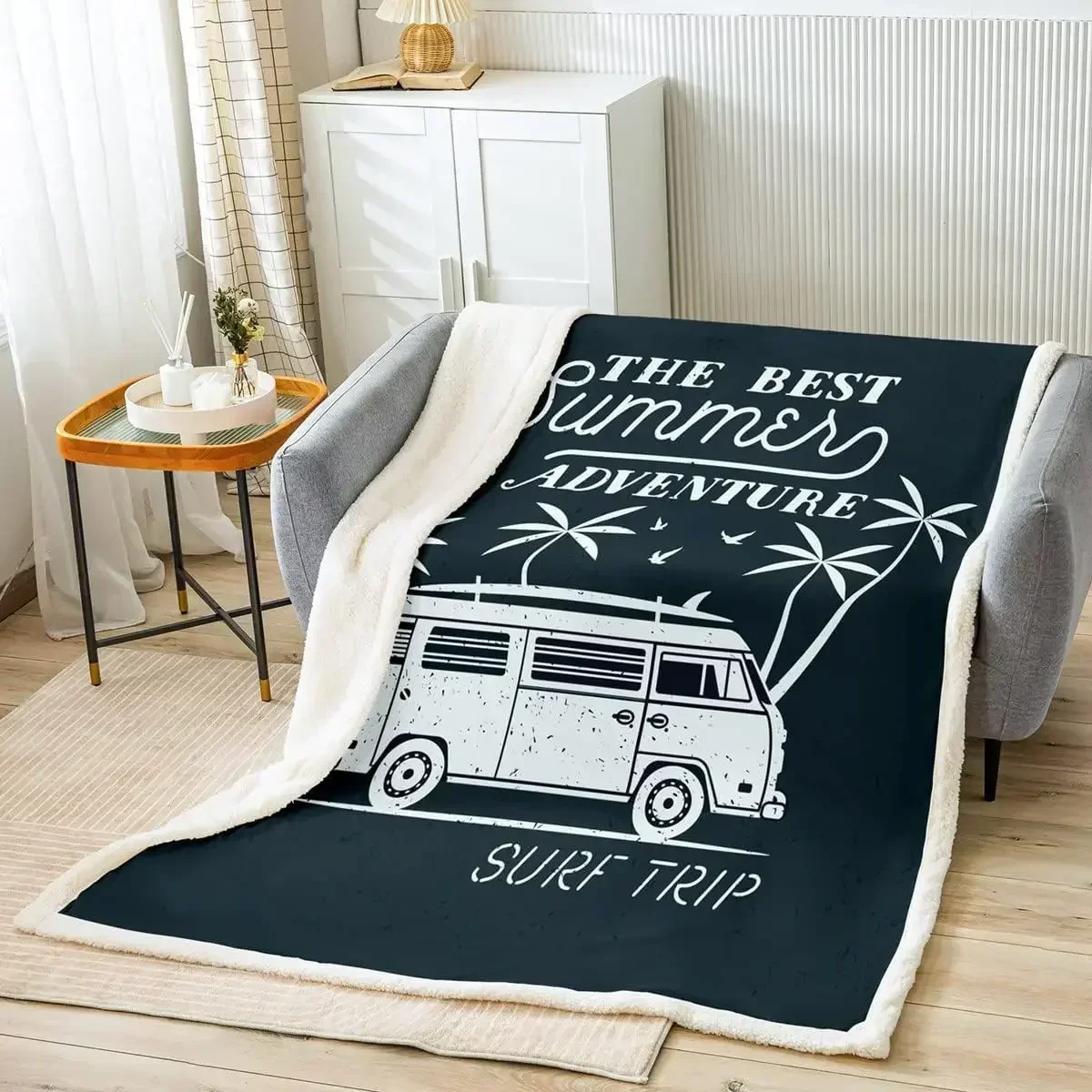 1pcSummer Camper Throws Blanket,RV Camping Ocean Travel Themed Sherpa Blanket for Girls Teens, Surf Sports Palm Trees