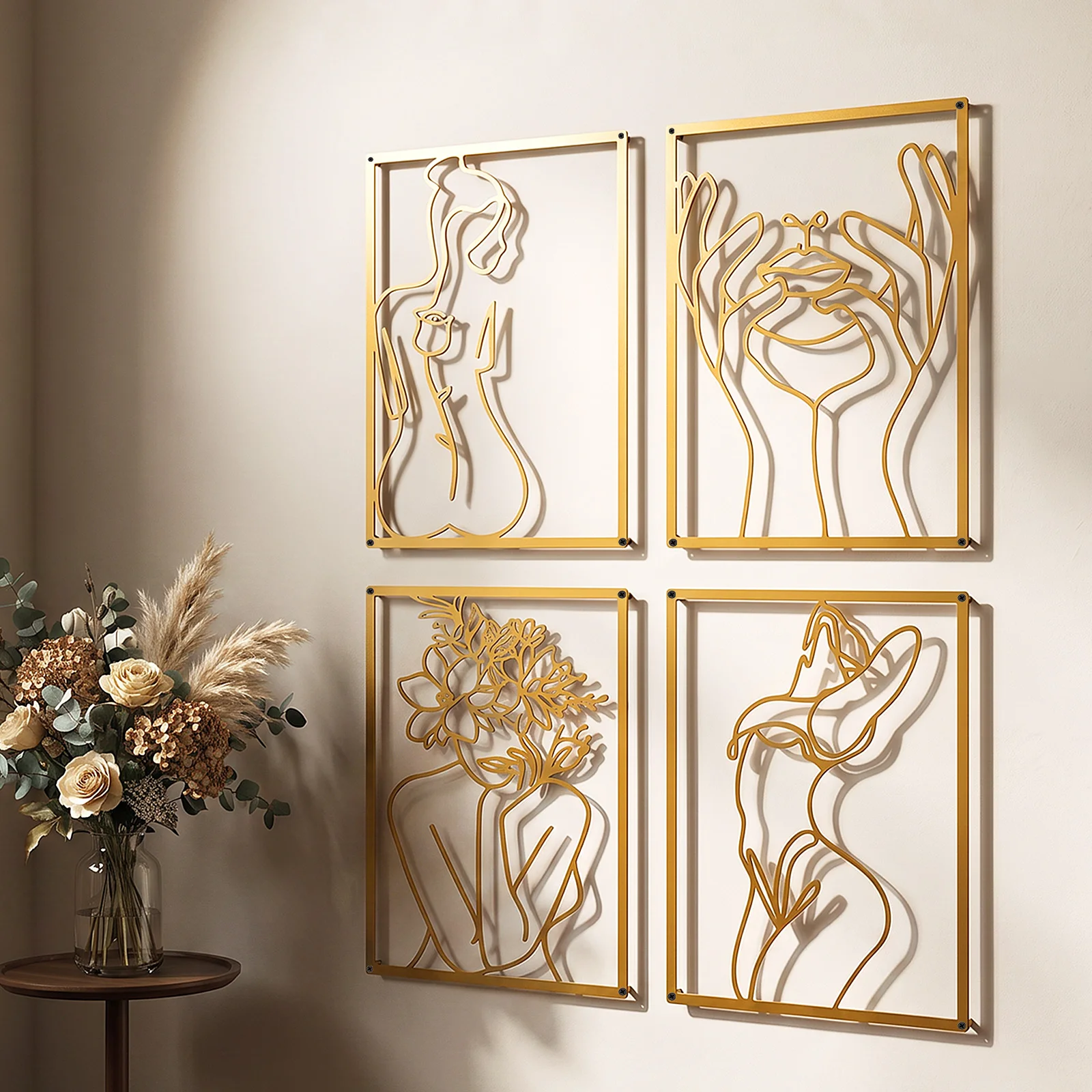 4 Pcs Gold Metal Wall Art Minimalist Line Abstract Walls Art Set 3D Rust Resistant Wall Sculpture Decor for Living Room Bedroom