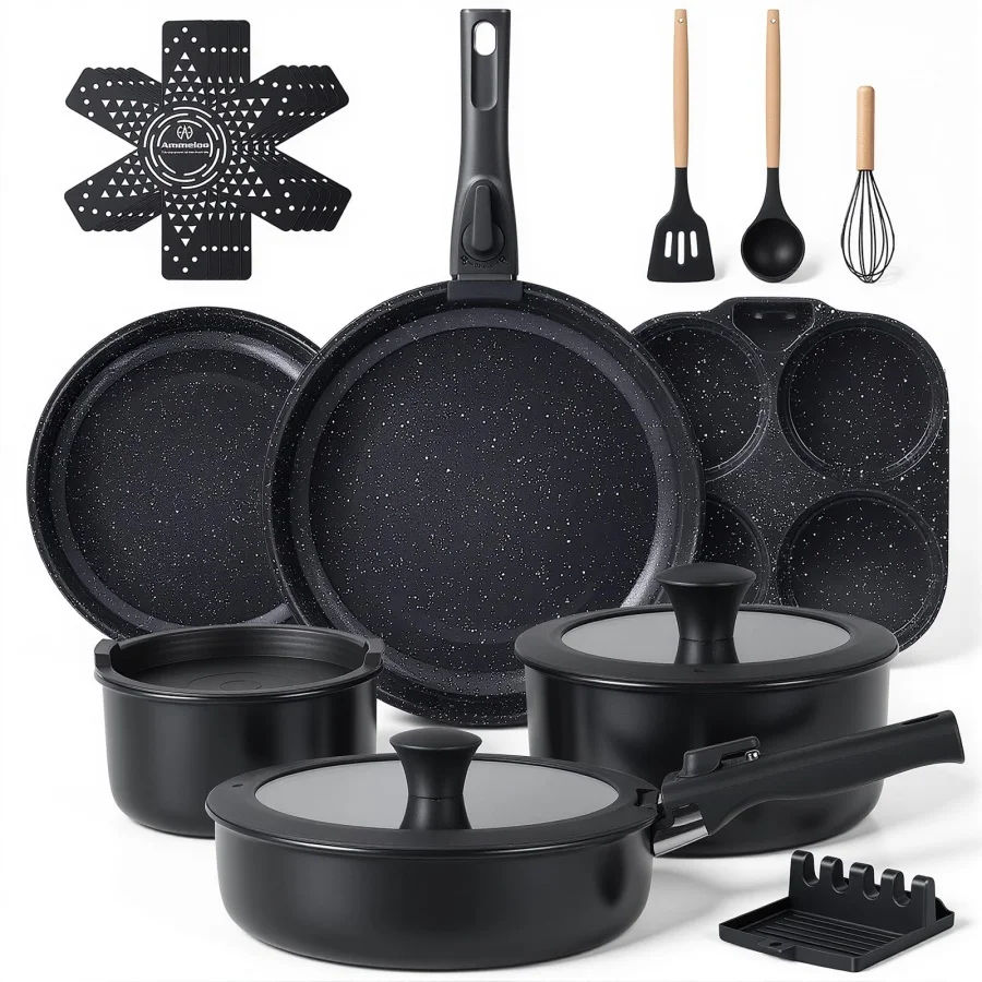 

21Piece Ceramic Pots and Pans Set Non Stick with Detachable Handles and Egg Frying Pan, NonToxic Cookware, Induction Ready, Oven