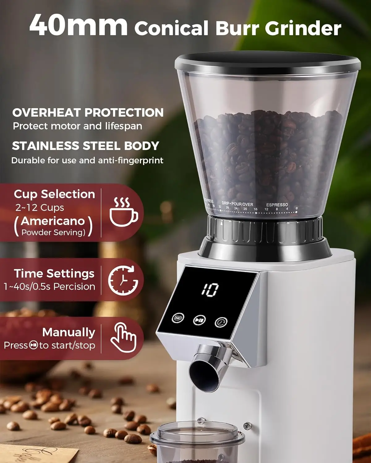 Conical Burr Coffee Grinder with 48 Grind Settings, Anti-Static Burr Mill, Precision Electronic Timer & LED Touchscreen, Suitabl