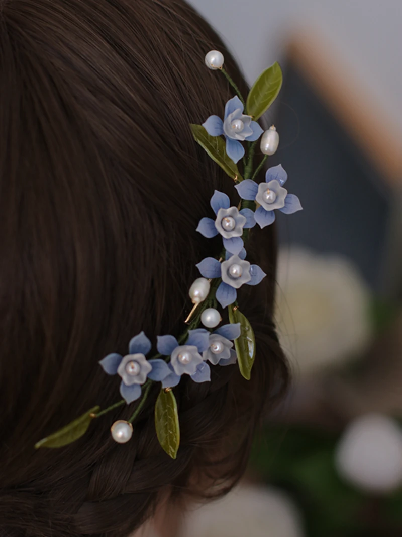 FXLRY Original Design Handmade Pearl Elegant Blue Flower Rattan Clip Headdress Hairpin