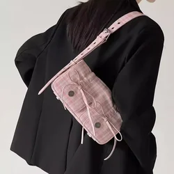 Pink Bow Ruched Armpit Bag Fashion Plaid Pleated Womens Shoulder Bag New Casual Sweet Literary Exquisite Messenger Armpit Bag