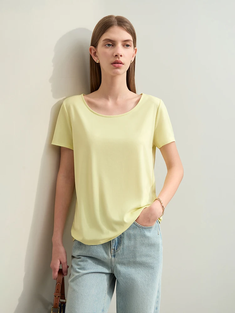 Amii Minimalism 2024 Women's T-shirt Summer Solid Large U-neck Short-sleeved Pullover Slim Stretch Label Decorated Tees 12422072