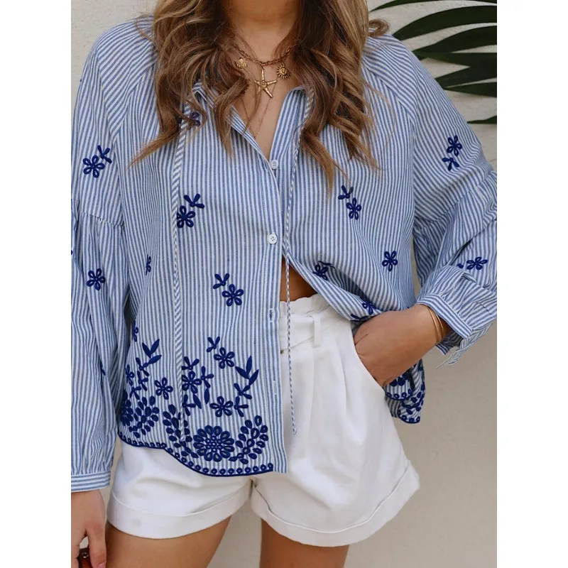 

Женская рубашка больших размеров с принтом, шикарные однобортные женские рубашки с рюшами и рукавами-фонариками и круглым вырезом, женский топ